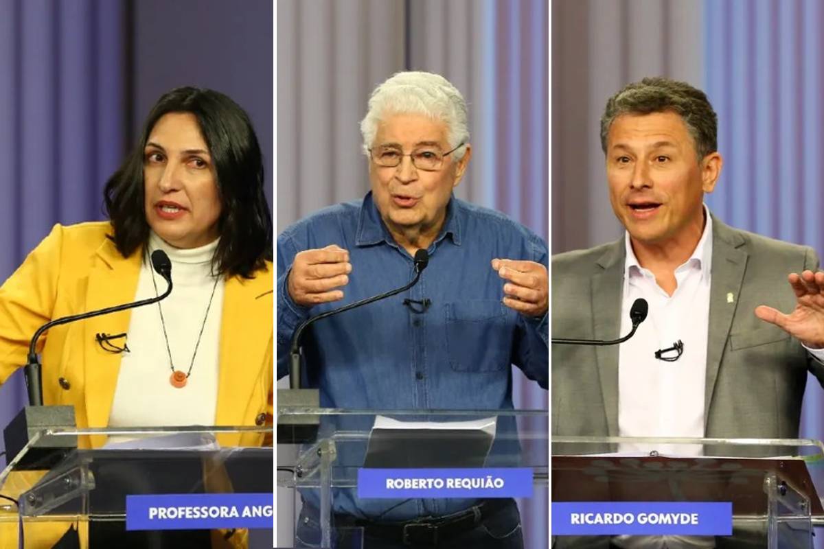 Imagem mostra Professora Angela (Psol), Roberto Requião (PT) e Rucardo Gomyde (PDT). Eles são os candidatos ao governo que participaram do debate da RPC.