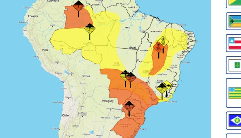 Imagem mostra grande parte no Brasil em alerta laranja de temporal