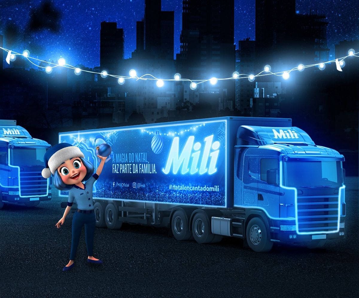 Imagem mostra caminhão enfeitado da marca Mili que vai desfilar em Curitiba, além da mascote da companhia