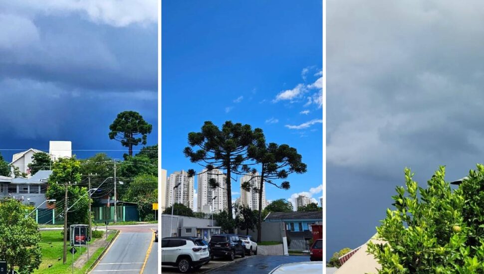 Céu em Curitiba em três momentos diferentes no mesmo dia: temporal, céu aberto e chuva.