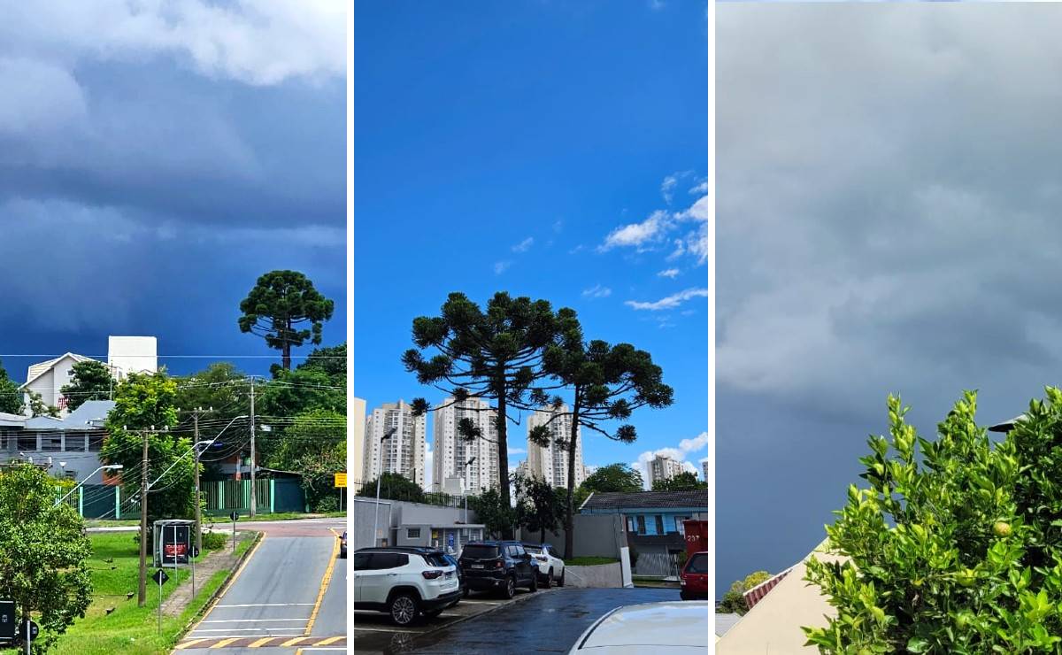 Céu em Curitiba em três momentos diferentes no mesmo dia: temporal, céu aberto e chuva.