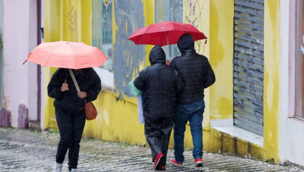 Imagem mostra curitibanos com guarda chuva num dia de muito frio.