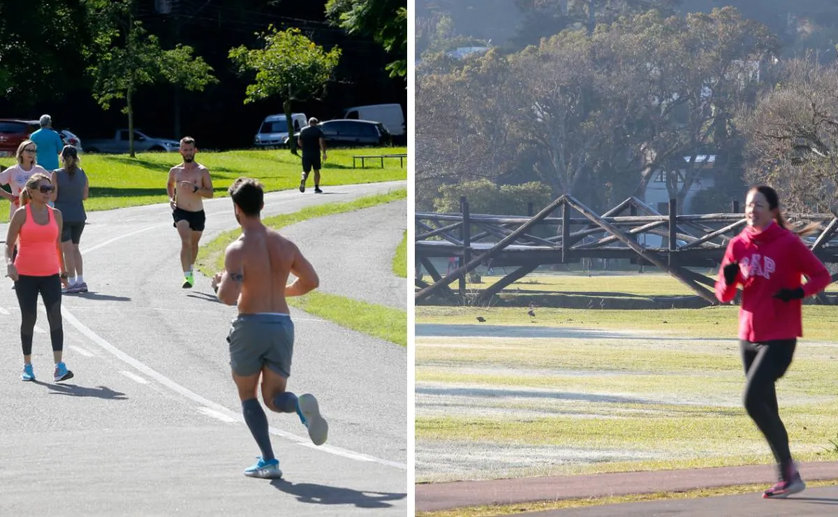 Imagem mostra o Barigui em dois momentos: com calorzão e com geada, tal como a previsão desta semana em Curitiba.