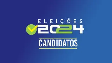 Imagem com fundo azul e a logo das eleições 2024 da Tribuna, com a palavra Candidatos em destaque