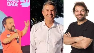 Imagem mostra, da esquerda para a direita, os candidatos Ahnão, Jasson e Licurgo