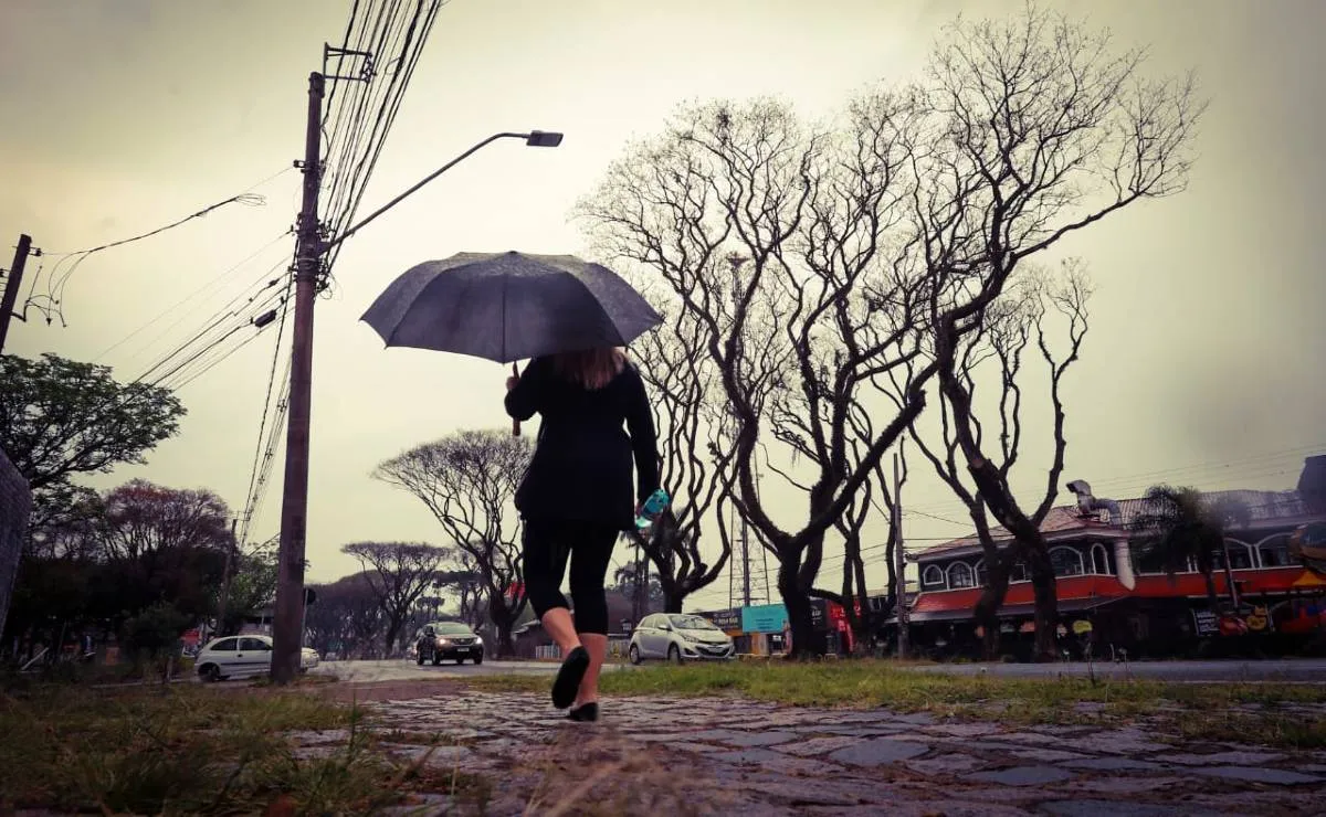 Imagem mostra uma mulher andando em uma calçada de Curitiba com um guarda-chuva. O tempo está fechado, o céu cinza e tem árvores secas no canteiro central.