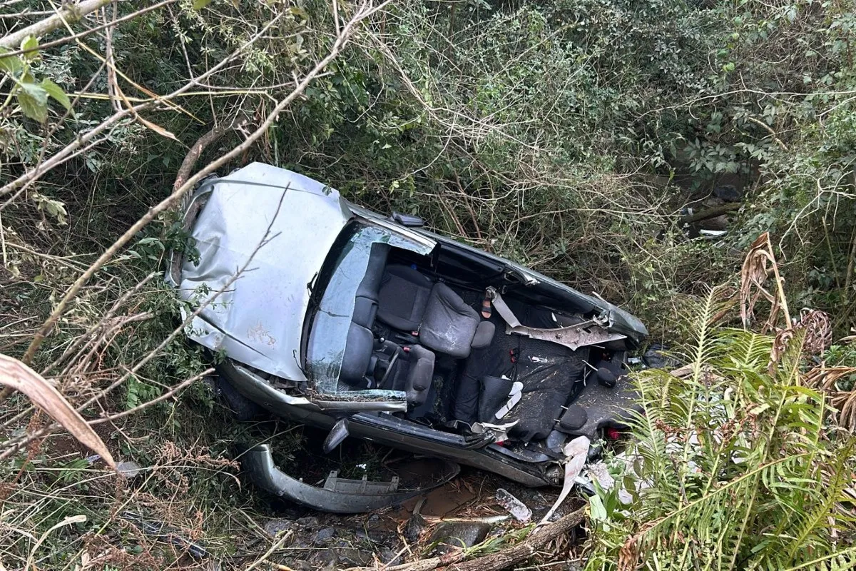 Na imagem, carro destruído no mato, após acidente na rodovia.