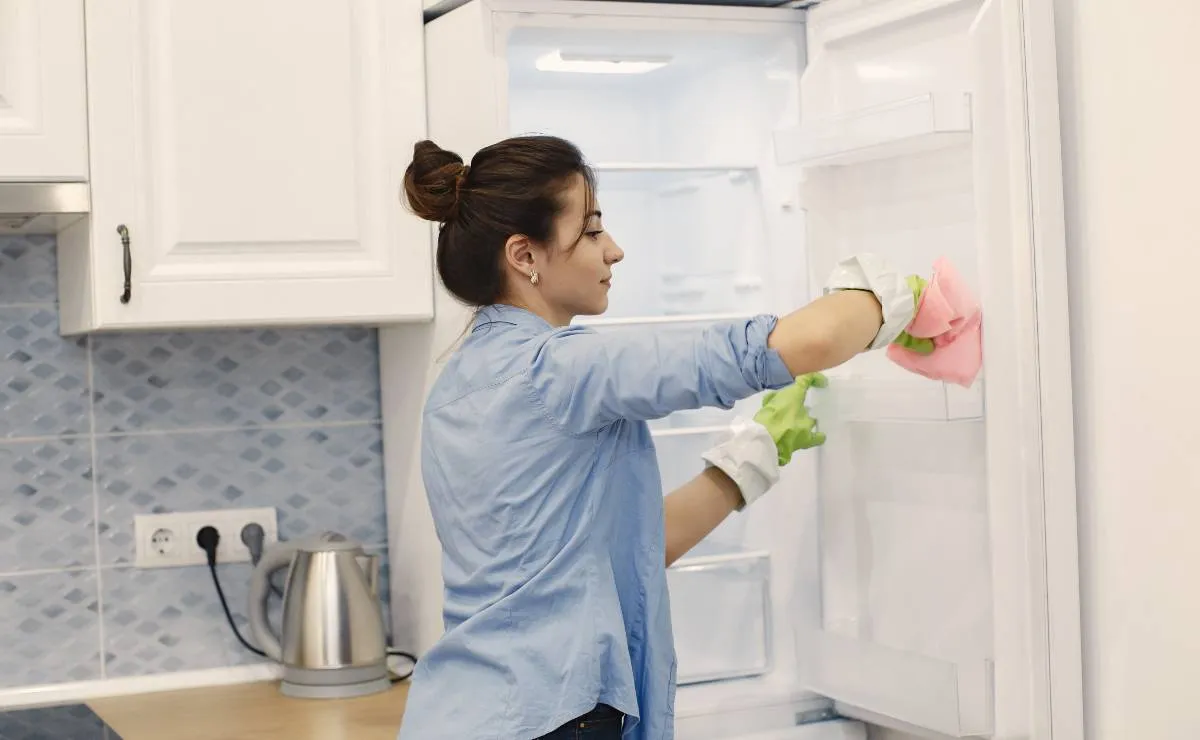 Imagem mostra uma mulher limpando uma geladeira. Ela usa luvas verdes e veste uma blusa azul.