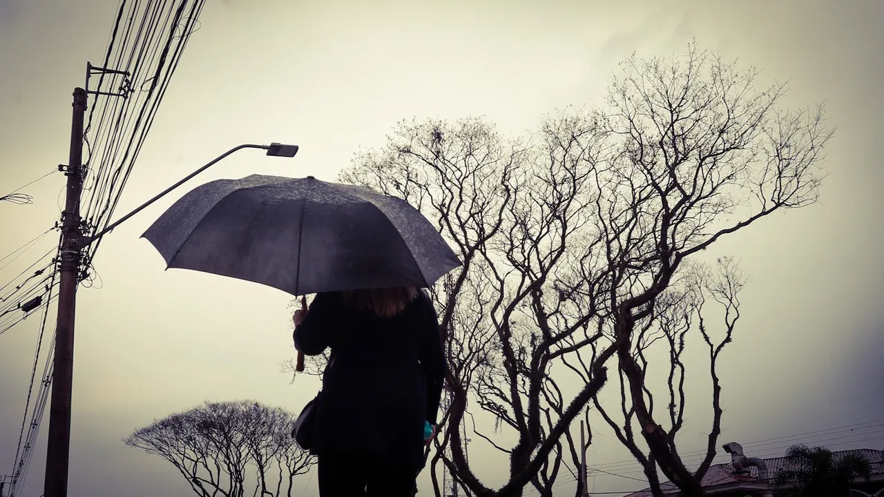 Pessoa andando na rua com um guarda-chuva preto.