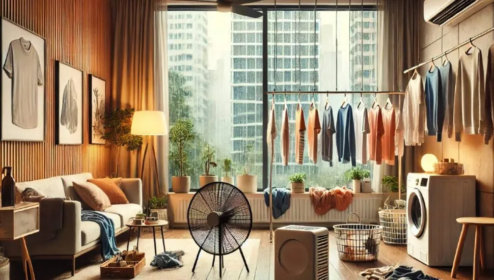 Imagem mostra um apartamento com roupas penduradas em um varal e muita chuva no lado de fora.