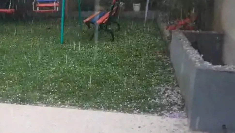 Na imagem, chuva de granizo em um jardim.