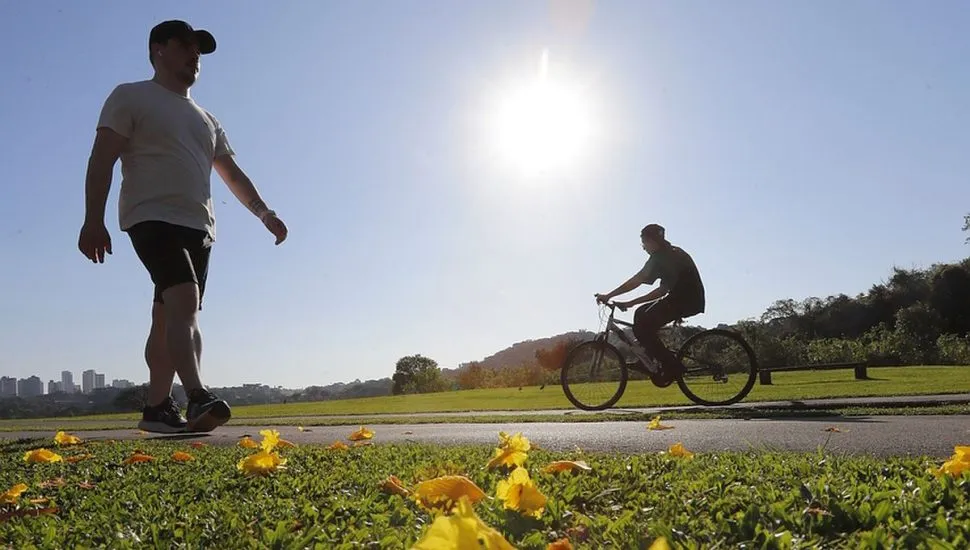 Imagem mostra uma pessoa andando e outra de bicicleta, com o sol ao fundo. Em primeiro plano grama com pétalas de ipê amarelo.