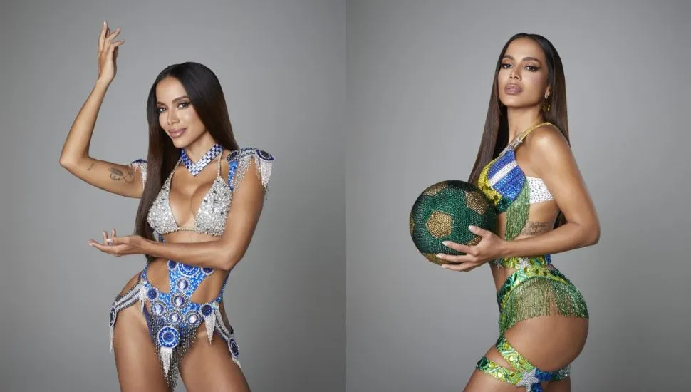 Imagem mostra Anitta em dois trajes e posições diferentes