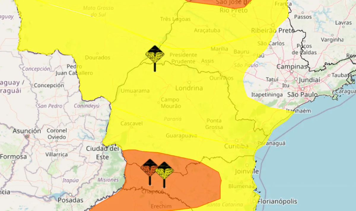 Mapa de alertas de tempestade no Paraná