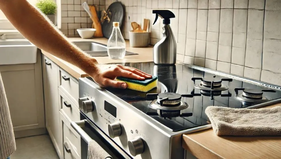 Imagem mostra o fogão sendo limpo, com utensílios de limpeza como bicarbonato de sódio e vinagre ao lado, em um ambiente de cozinha moderno e bem iluminado.