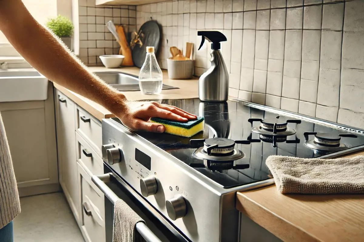 Imagem mostra o fogão sendo limpo, com utensílios de limpeza como bicarbonato de sódio e vinagre ao lado, em um ambiente de cozinha moderno e bem iluminado.