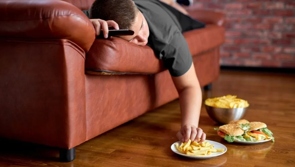 Imagem mostra criança obesa deitada num sofé comendo hamburgueres e batatas fritas que estão em pratos dispostos no chão à sua frente enquanto assiste televisão