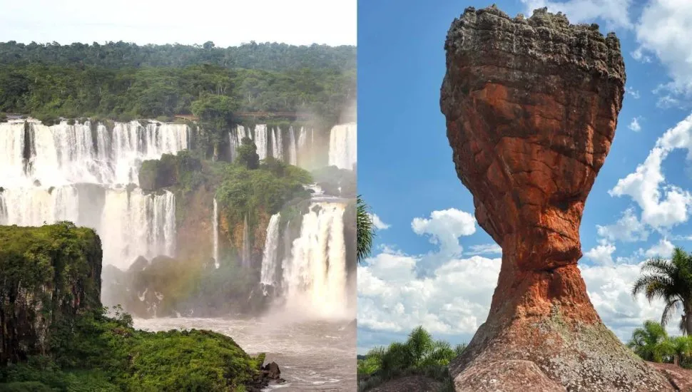 Na imagem, duas fotos: uma das Cataratas do Iguaçu e outra da taça do Parque Estadual de Vila Velha.