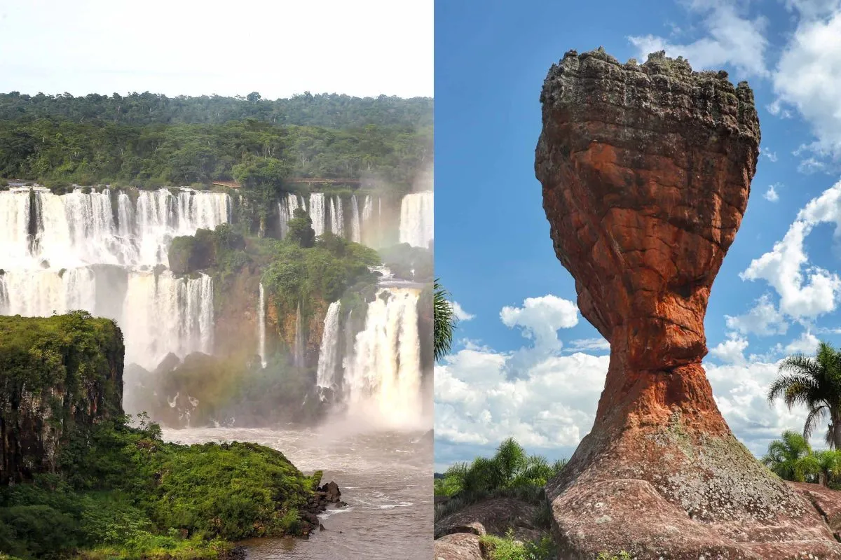 Na imagem, duas fotos: uma das Cataratas do Iguaçu e outra da taça do Parque Estadual de Vila Velha.