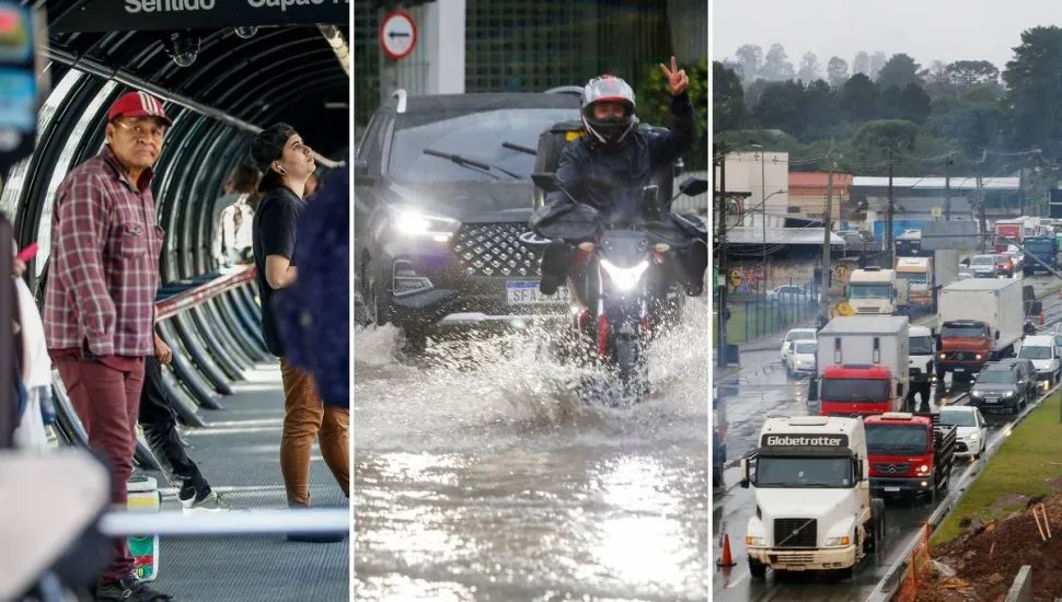 Imagem mostra uma montagem com três fotos: uma de ônibus lotado, outra de alagamento e a última de congestionamento. Todas em Curitiba.