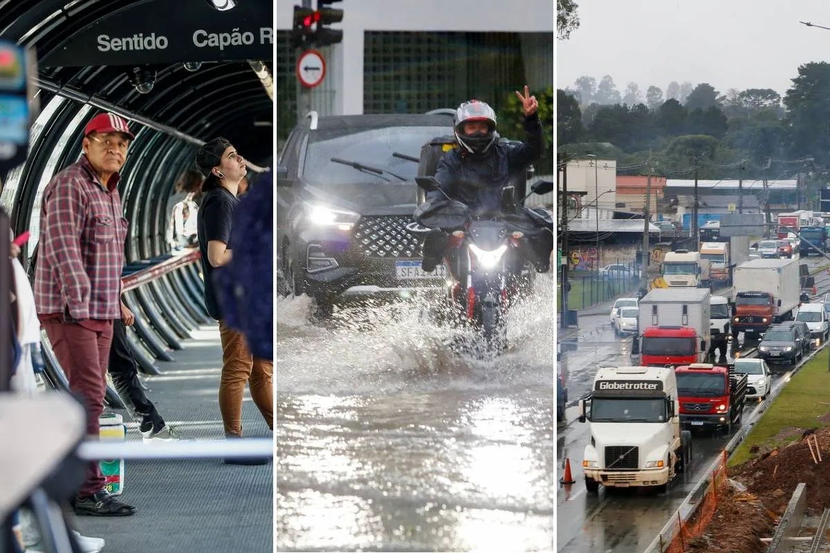 Imagem mostra uma montagem com três fotos: uma de ônibus lotado, outra de alagamento e a última de congestionamento. Todas em Curitiba.