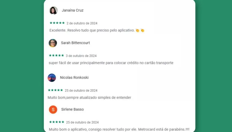 Avaliações de usuários do Metrocard App na Google Play. Foto: Reprodução/Metrocard