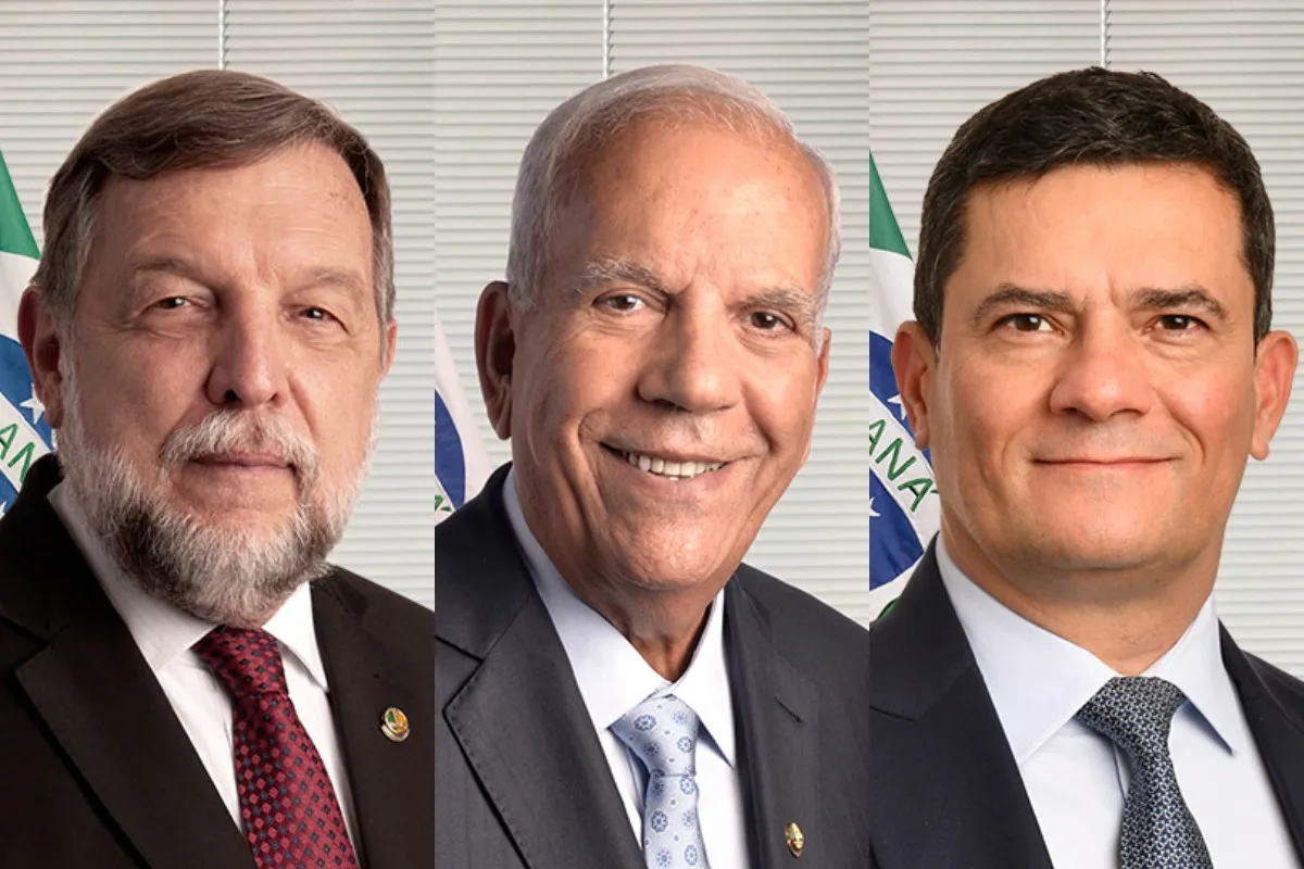 Na imagem, os rostos dos senadores Flávio Arns (PSB), Oriovisto Guimarães (Podemos) e Sergio Moro (União)