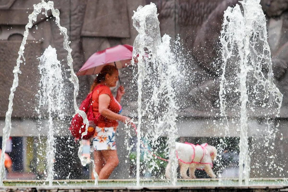 Imagem mostra uma mulher andando com um guarda chuva e um cachorro. Ela está ao fundo e, na frente, jatos de um chafariz.