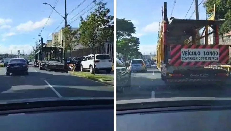 Imagem mostra duas cegonheiras descarregando veículos ocupando uma das faixas da Avenida das Torres. Na imagem da esquerda, os carros em cima da calçada.