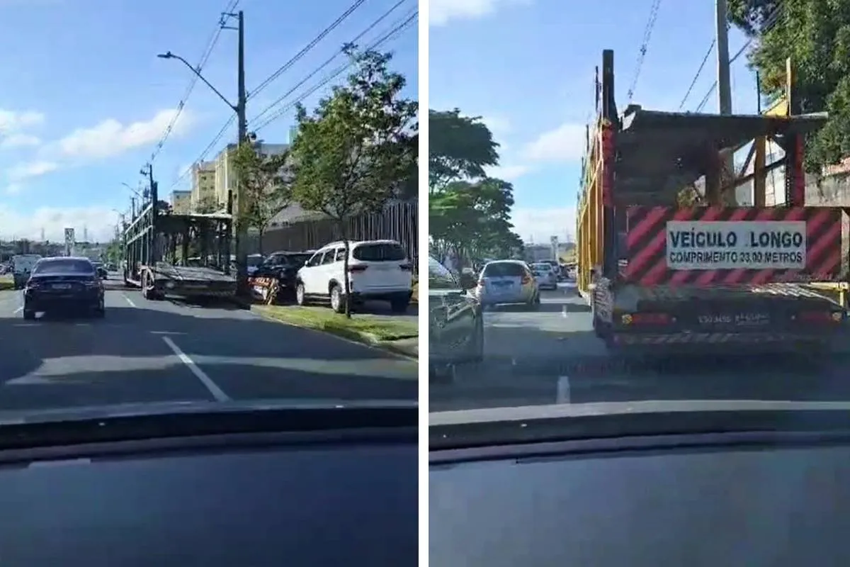 Imagem mostra duas cegonheiras descarregando veículos ocupando uma das faixas da Avenida das Torres. Na imagem da esquerda, os carros em cima da calçada.