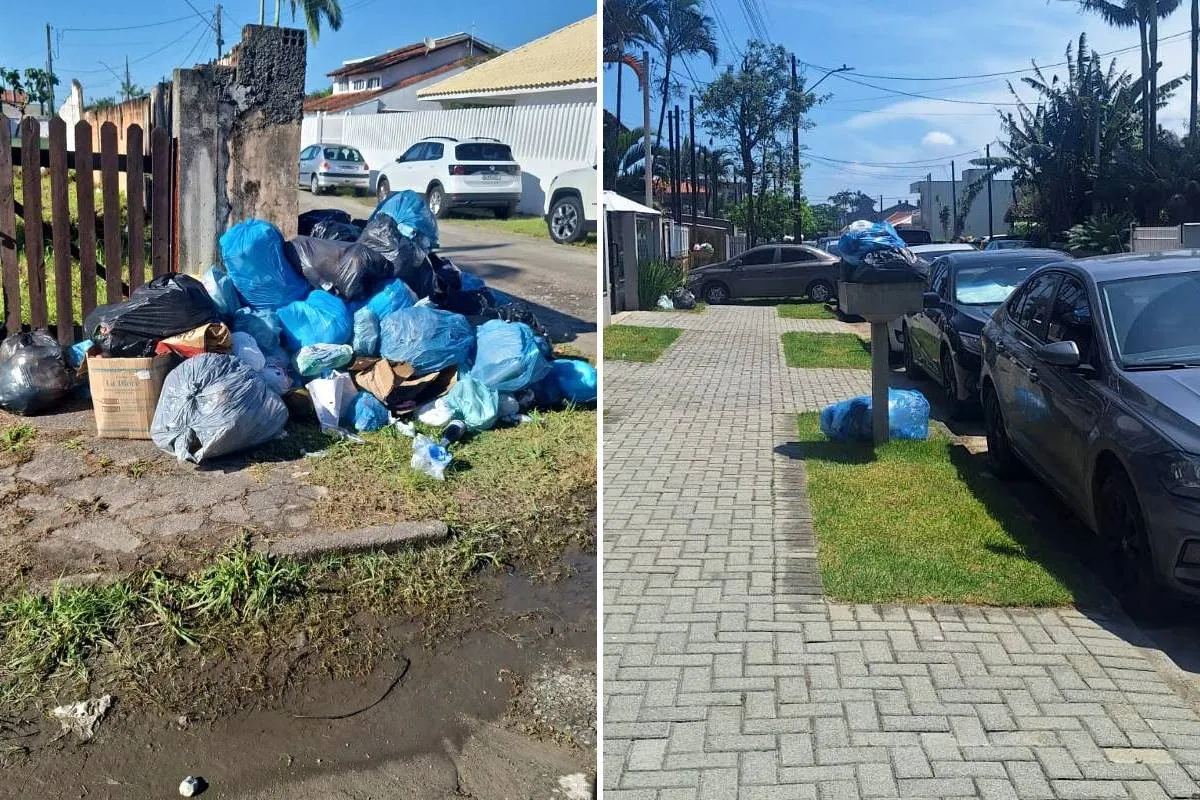 Imagem mostra sacos de lixo amontoados em Matinhos, litoral do Paraná.