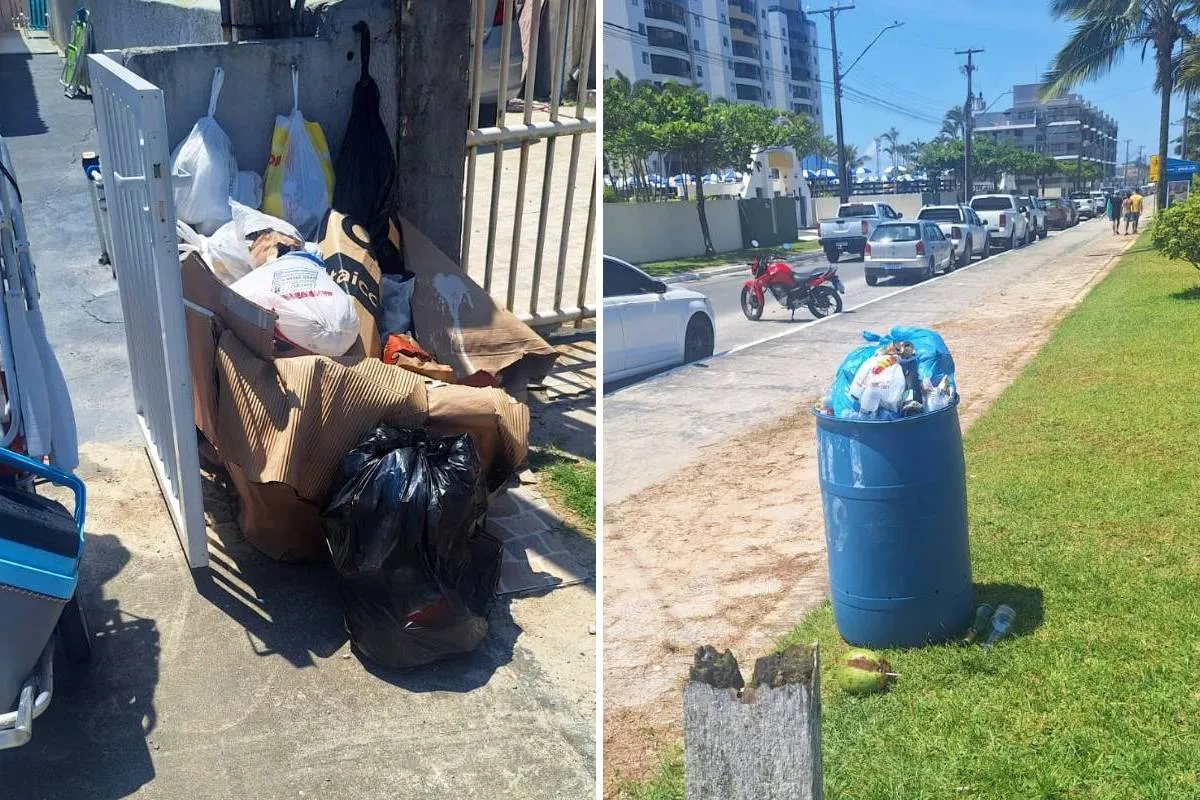 Imagem mostra sacos de lixo amontoados em Matinhos, litoral do Paraná.