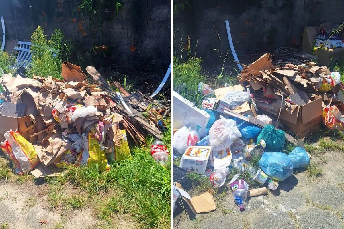 Imagem mostra sacos de lixo amontoados em Matinhos, litoral do Paraná.