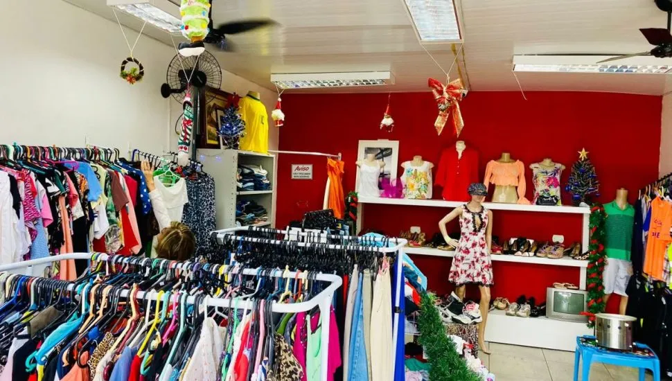 Na imagem, araras e roupas do bazar