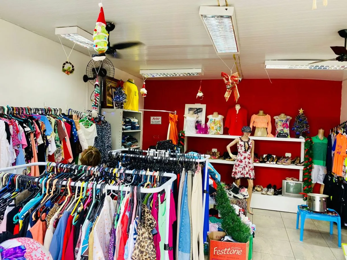 Na imagem, araras e roupas do bazar