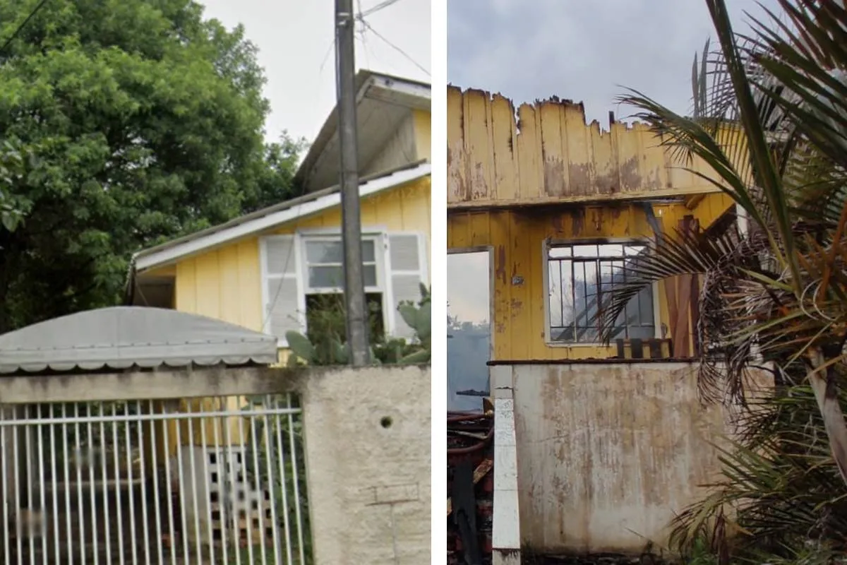 Montagem mostra como era a casa antes e como ficou após o incêndio.