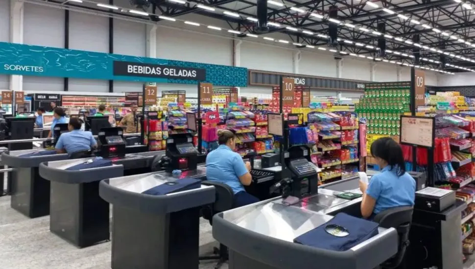 Imagem mostra o interior de um supermercado no Brasil.