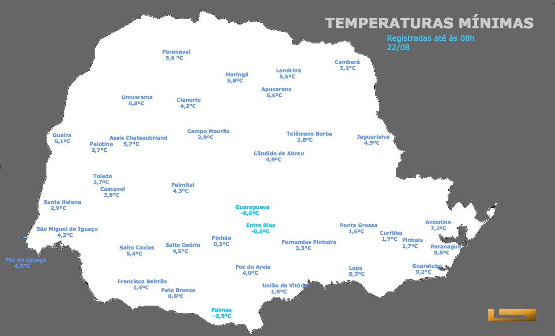 Infográfico do Simepar mostra as temperaturas registradas nesta manhã nas principais regiões do Paraná. Arte: Simepar