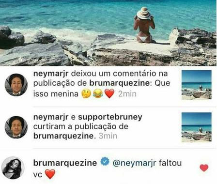 Neymar cutuca Bruna Marquezine em foto de Topless. Foto: Reprodução/Instagram.