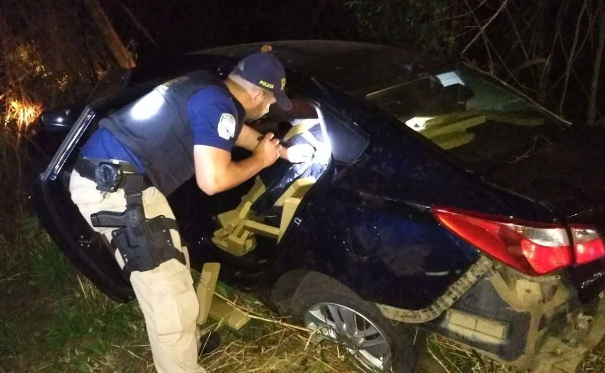 O homem acabou por perder o controle do carro, que capotou sobre a vegetação, às margens da rodovia. Foto: PRF.