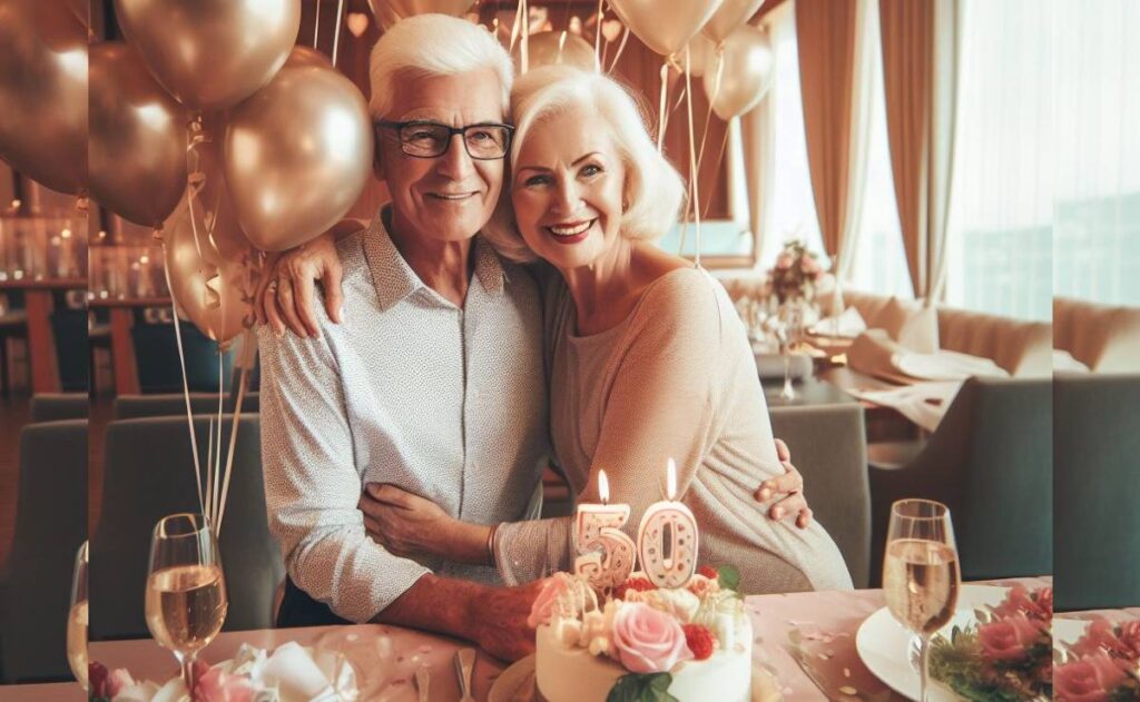 Imagem mostra um casal comemorando 50 anos de casamento.