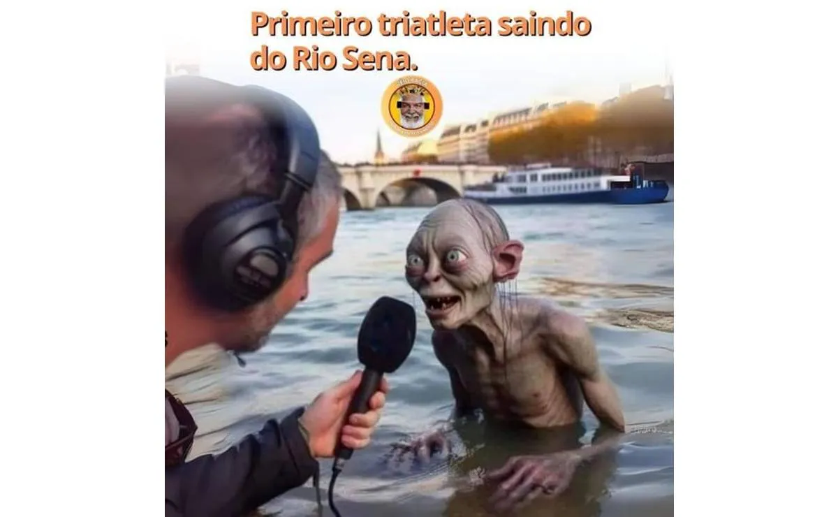 Imagem mostra um meme do personagem Smigle, do Senhor dos aneis, dando entrevista com a frase: primeiro triatleta saindo do Rio Senna