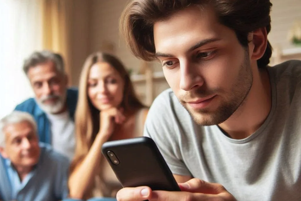 Na imagem, a família na sala de casa, tenta olhar o que um jovem vê na tela do celular.