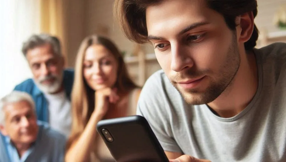 Na imagem, a família na sala de casa, tenta olhar o que um jovem vê na tela do celular.