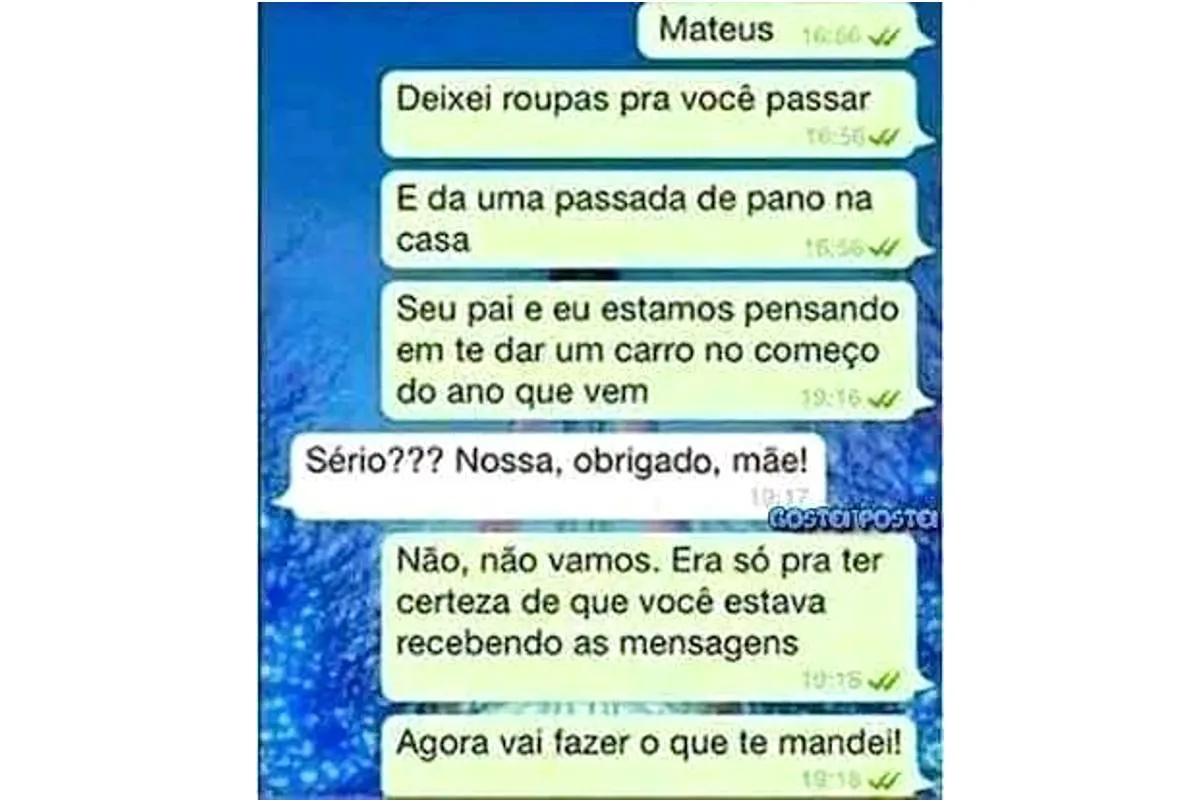 Imagem é um print de um diálogo no WhatsApp entre mãe e filho. Ela promete um carro para ele só para que ele responda e ela tenha certeza que ele viu as tarefas que ela pediu pra ele fazer.