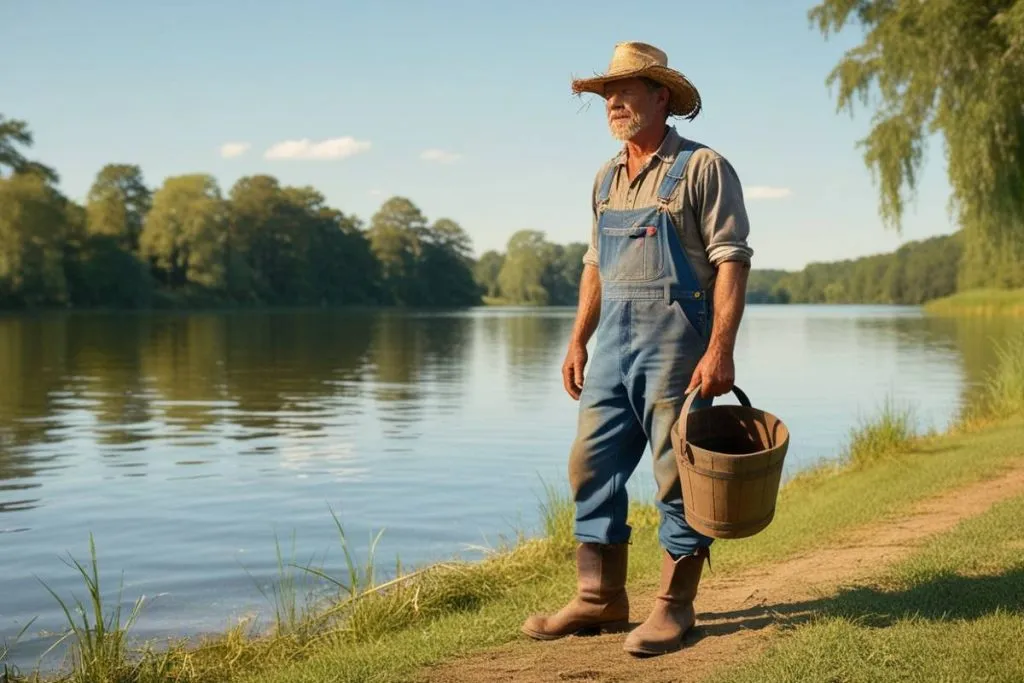 Imagem mostra um fazendeiro com um balde na mão na frente de um lago.