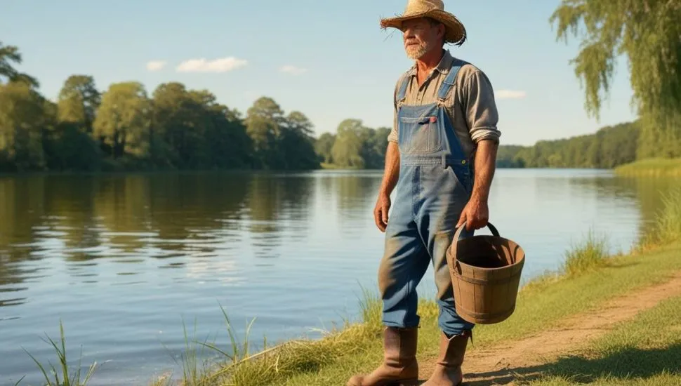 Imagem mostra um fazendeiro com um balde na mão na frente de um lago.