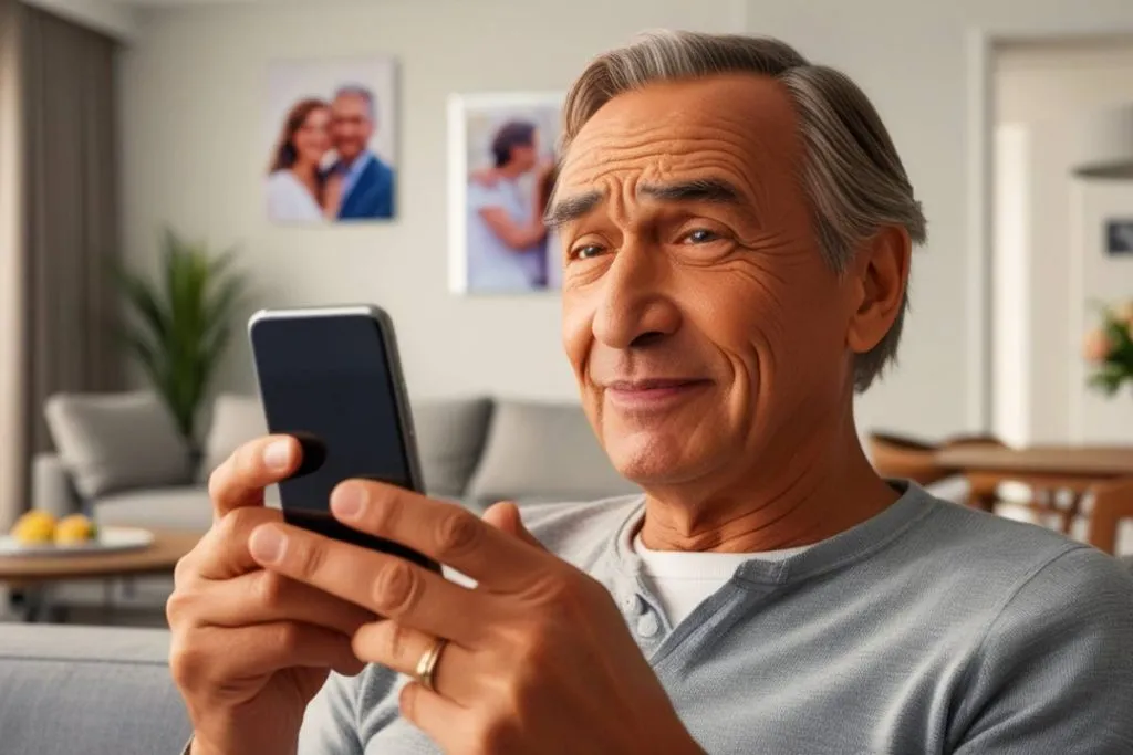 Imagem mostra um homem casado olhando para um celular com cara de arrependido.