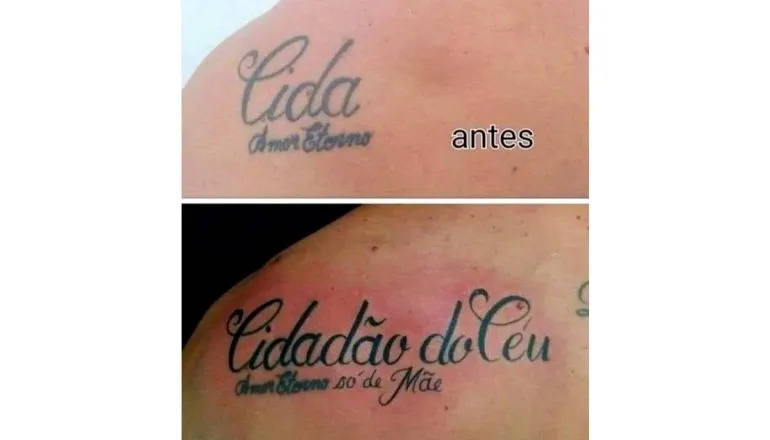 Imagem mostra uma tatuagem feita por um homem em homenagem à Cida. Depois ele cobre a tatuagem com a frase: Cidadão do Céu