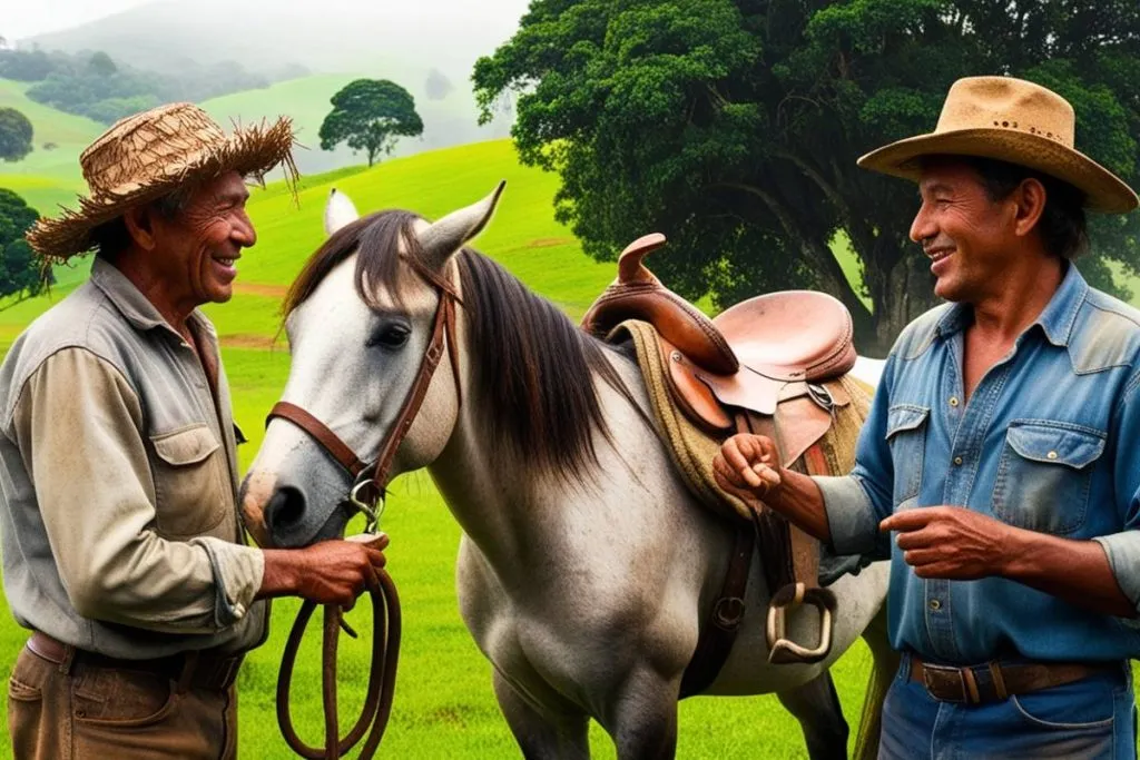 Imagem mostra dois fazendeiros conversando sabre um cavalo